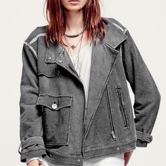 Free People Jackets & Blazers - Free People Jacket oversized Moto Railroad Conductor Pinstripe knit bomber black